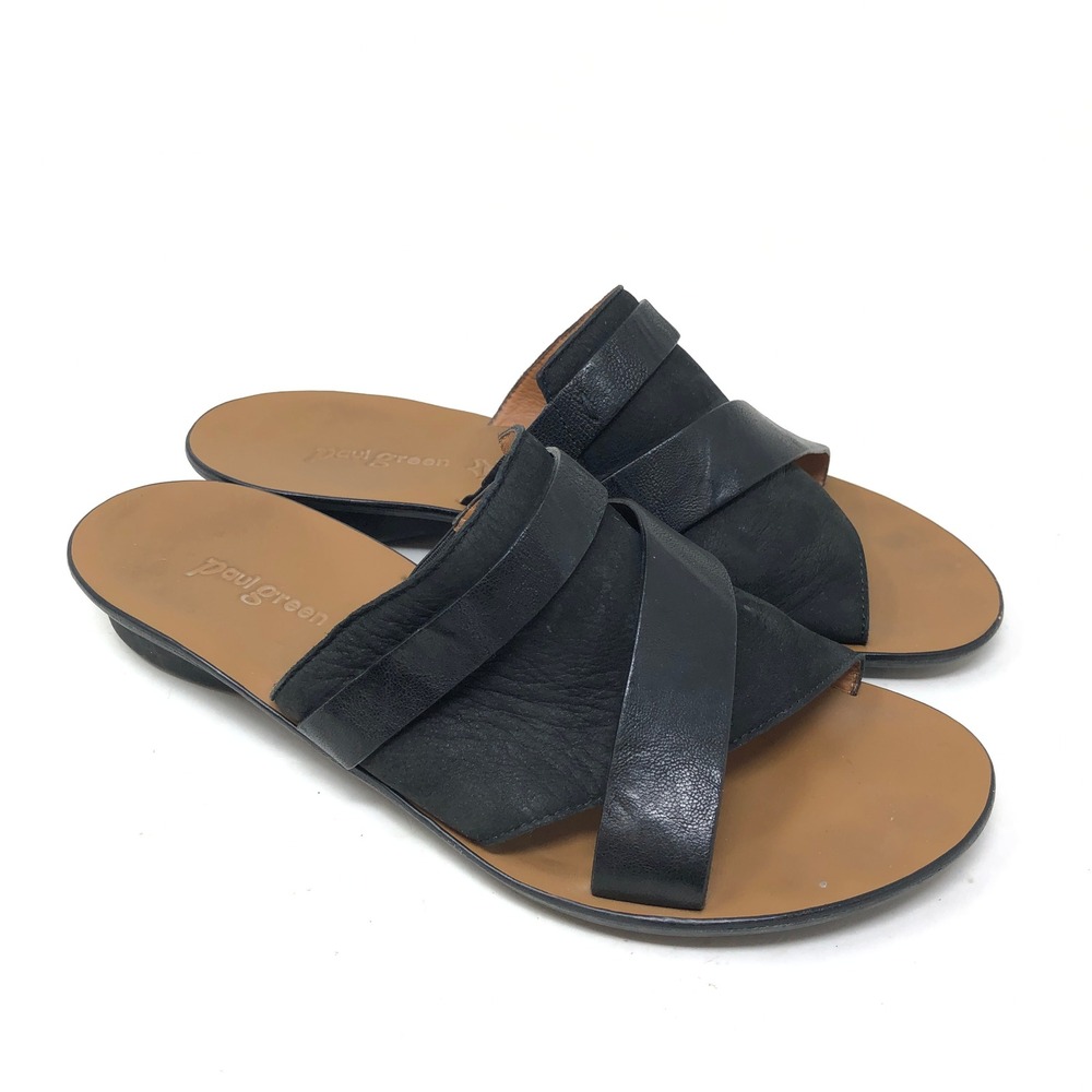 Paul Green Womens 7.5 Bayside Slide Sandals Black Leather Cross Strap Open Toe